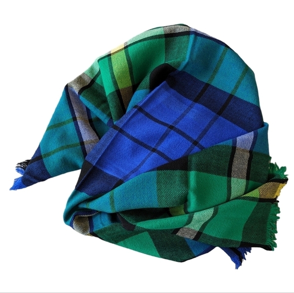 Vintage Balmain wool plaid blanket scarf green and blue with fringe - Picture 1 of 5